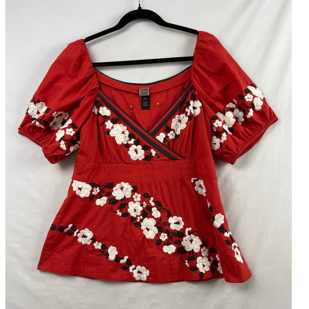 Lithe Anthropologie Embroidered Floral Blouse Womens 14 Red Puff Sleeve Peplum